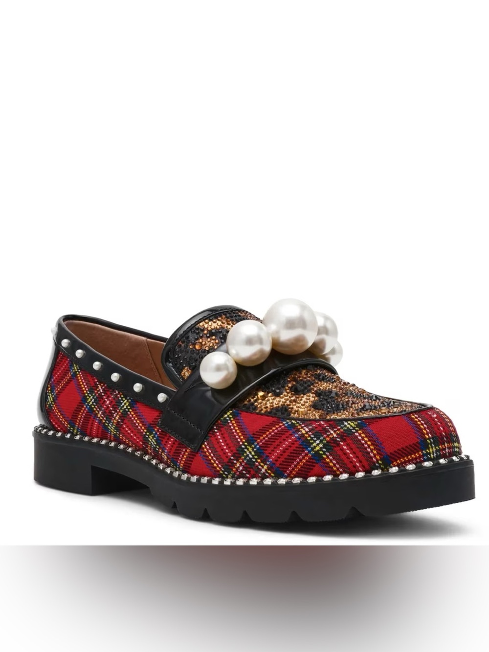Betsey Johnson Harloe Loafer women’s 7.5 plaid leopard print pearl sparkles